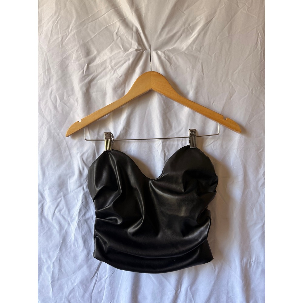 Black Faux Leather Corset Top Strapless Ruched Sweetheart Crop Bodice XS
